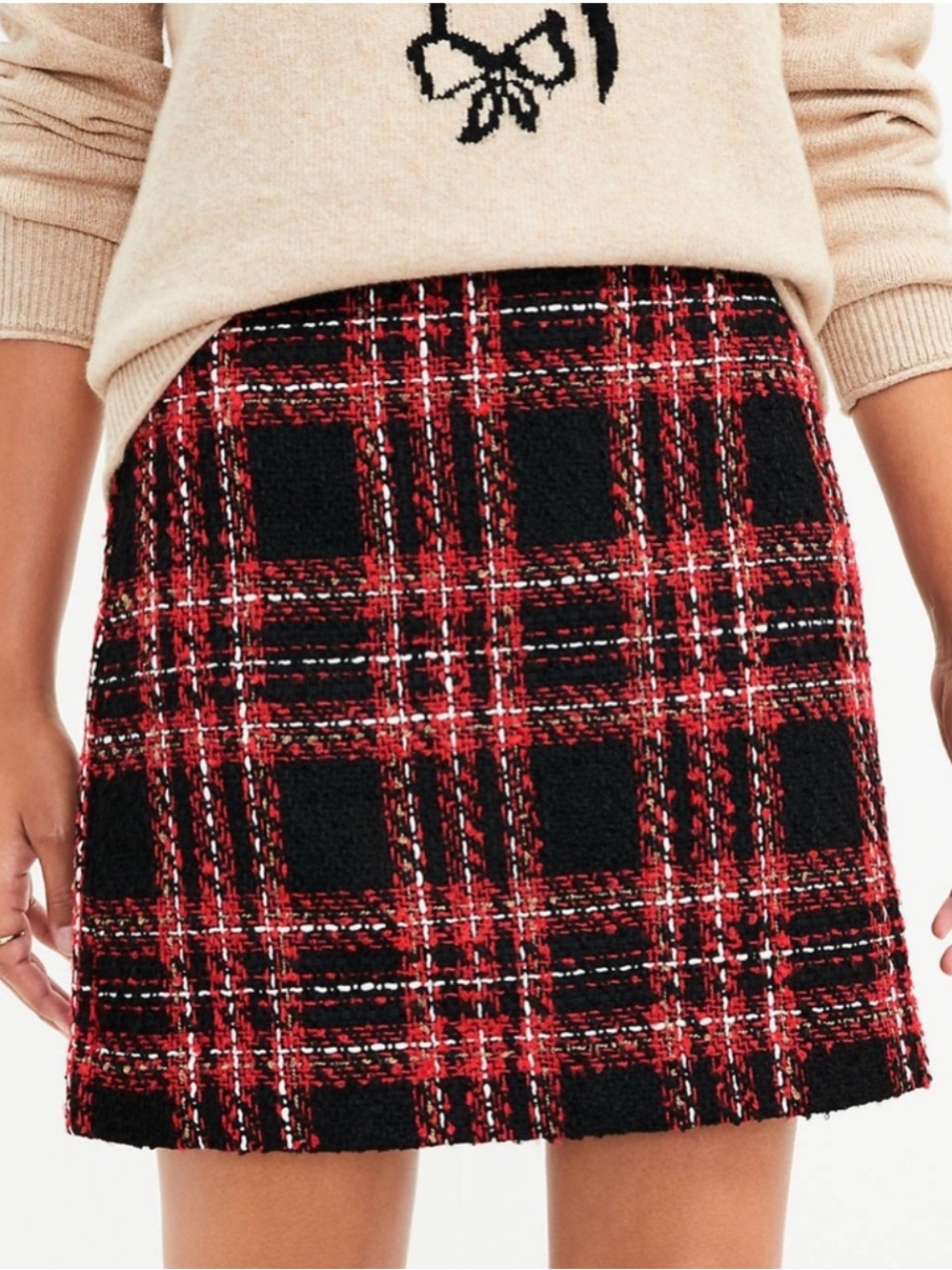 LOFT Plaid Textured Tweed Shift Skirt. Red, Black, White Size 10